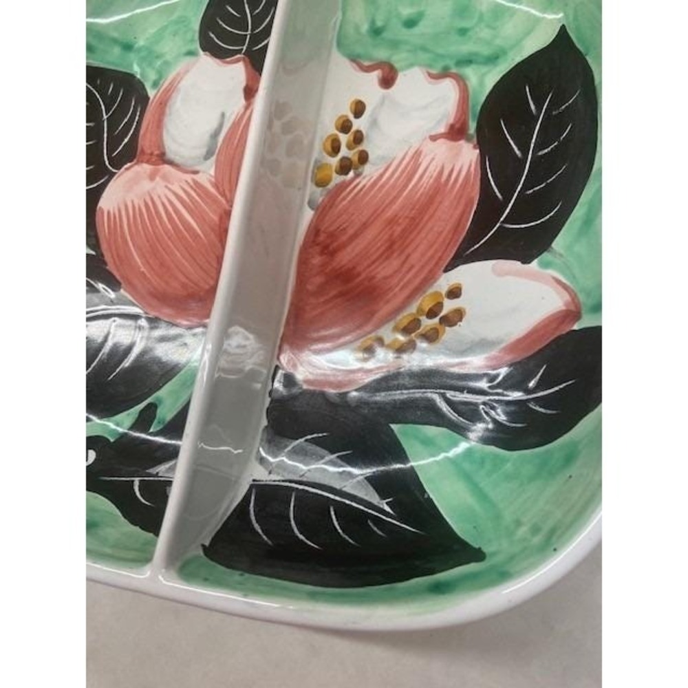 Divided Serving Dish Floral Pink Green Vintage From Italy Hand Painted Ceramic. - Picture 2 of 13